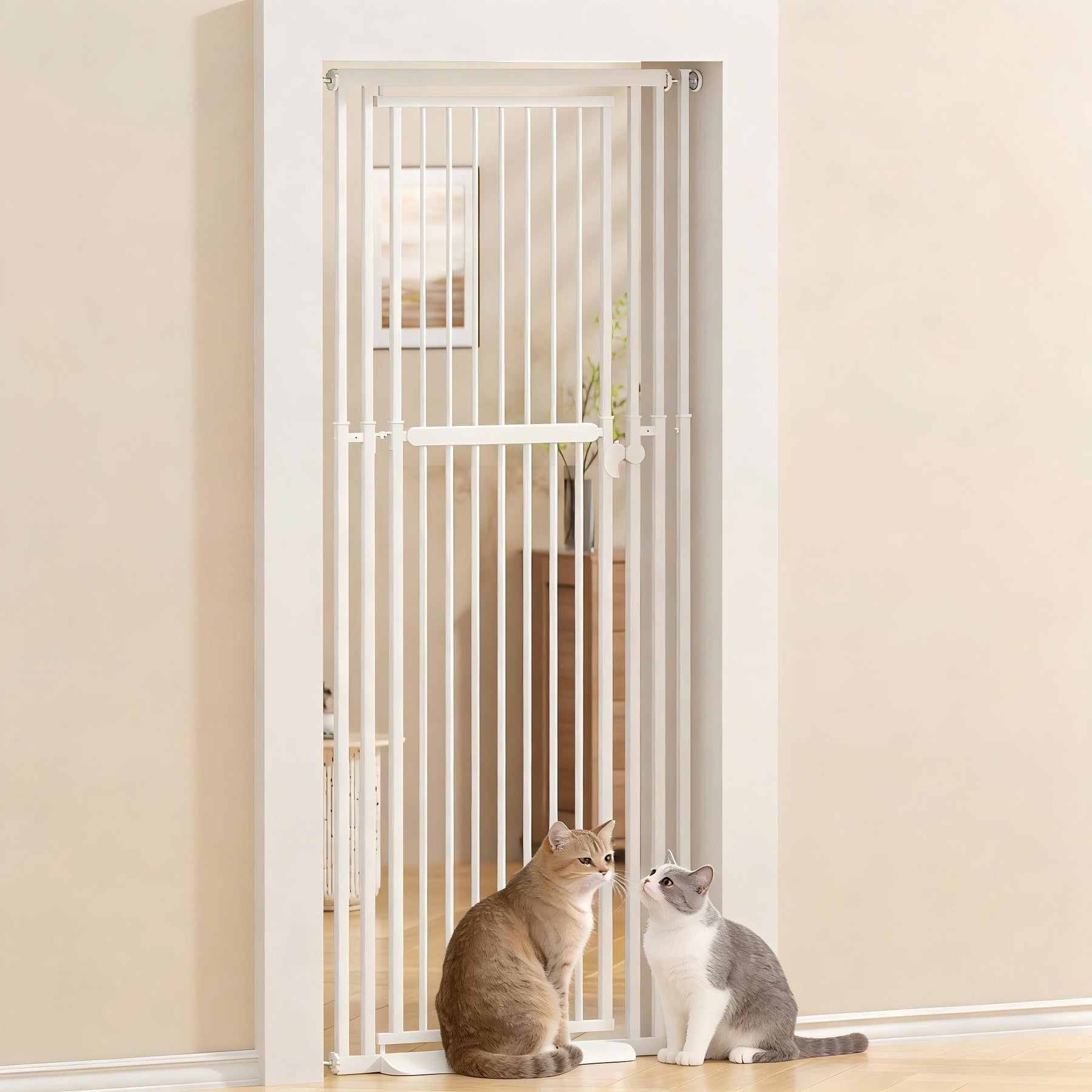 KORIMEFA 47.24"-87" Extra Tall Cat Gate with Wide Adjustable Pet door Pressure Mounted Safety Full Door Gate for Stairs, Hallway, Kitchen, Doorway