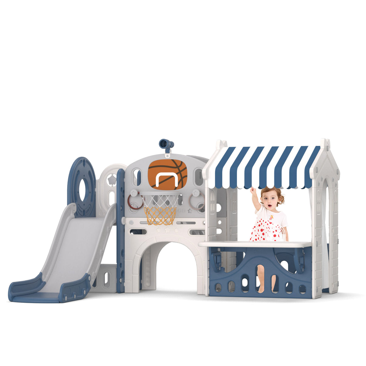 XJD 10 in 1 Toddler Slide with house Indoor and Outdoor Plastic Freestanding Slide, Blue Gray