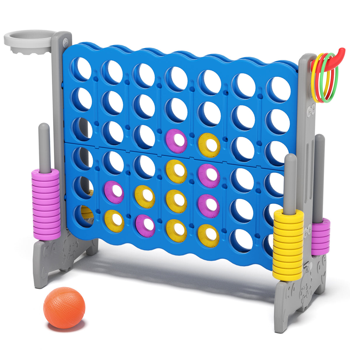 XJD Giant 4-in-A-Row Jumbo Game, 4-to-Score Game Set with Basketball Hoop, Ring Toss, 42 Jumbo Rings, Indoor Outdoor Family Game for Kids & Adults. Blue&Gray