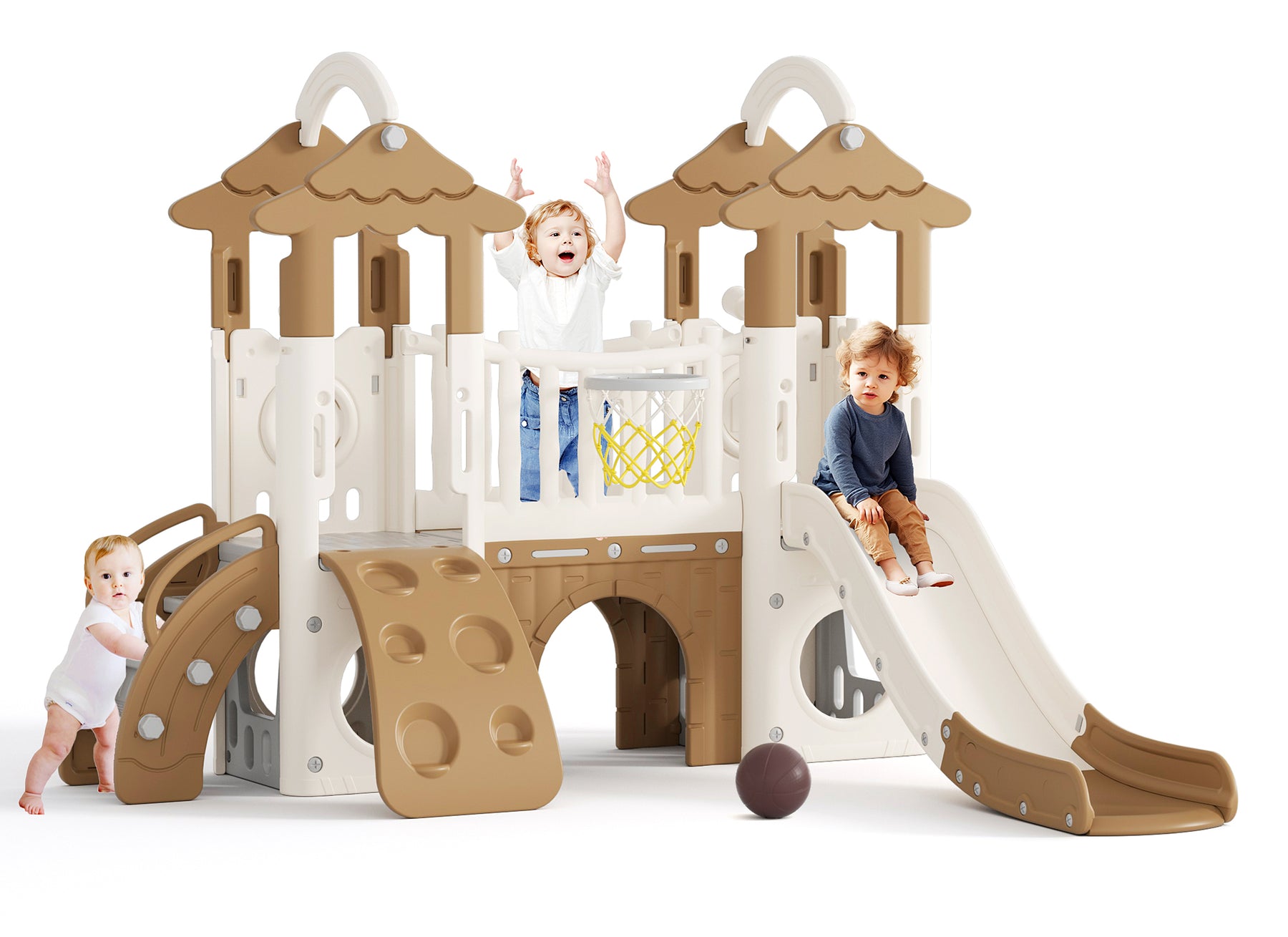 Pre-sale, 9 in 1 Toddler Slide Set Freestanding Climber Playset with rainbow top, grassroof, and Basketball Hoop and Ball, Coffee