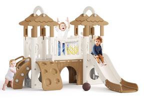 Pre-sale, 9 in 1 Toddler Slide Set Freestanding Climber Playset with rainbow top, grassroof, and Basketball Hoop and Ball, Coffee