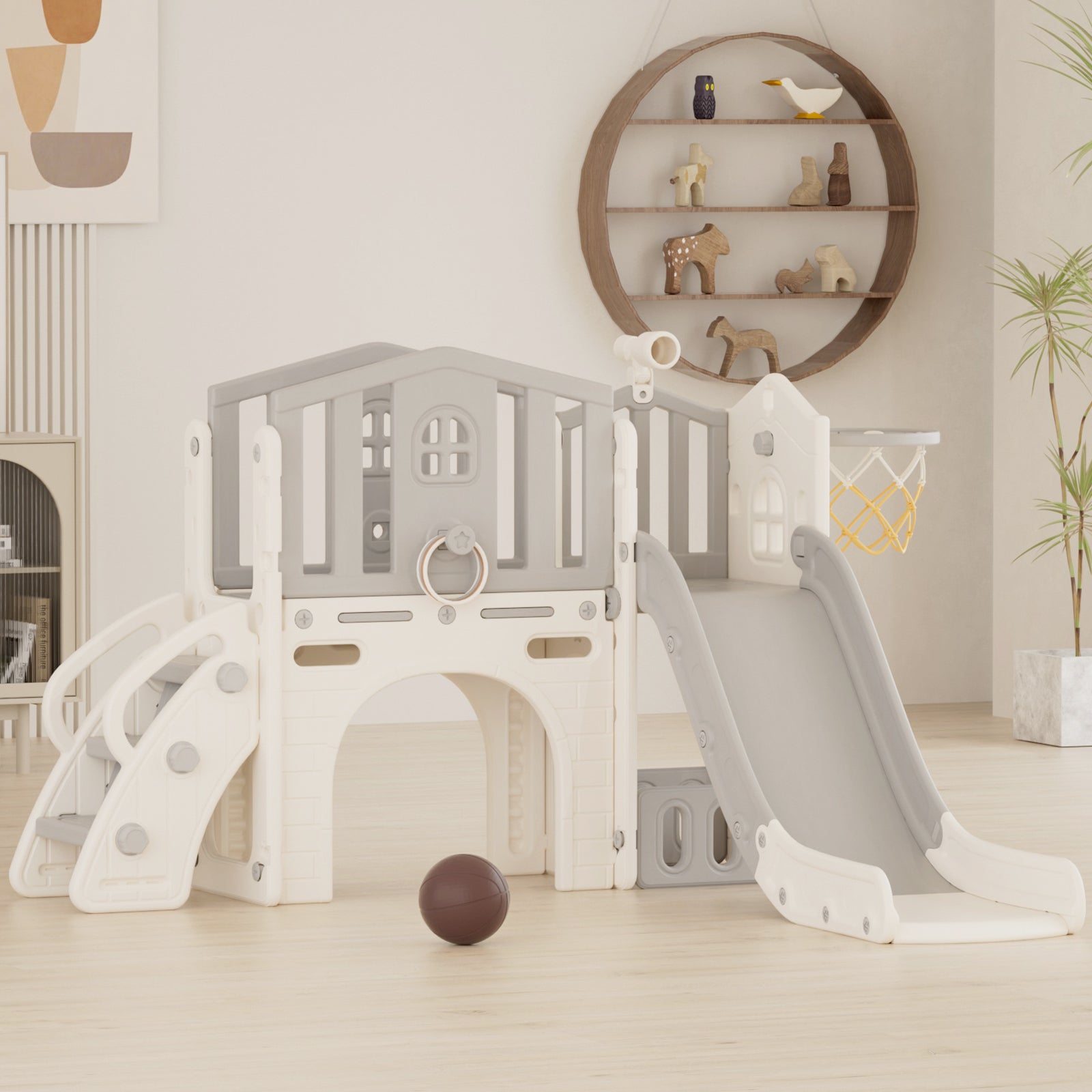 Pre-sale, XJD 8 in 1 Toddler Slide Set  Climber Slide for Age 1-3, Outdoor Indoor Playset with Basketball Hoop, Telescope, and Storage Space, Coffee/Beige