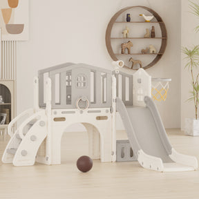 Pre-sale, XJD 8 in 1 Toddler Slide Set  Climber Slide for Age 1-3, Outdoor Indoor Playset with Basketball Hoop, Telescope, and Storage Space, Coffee/Beige