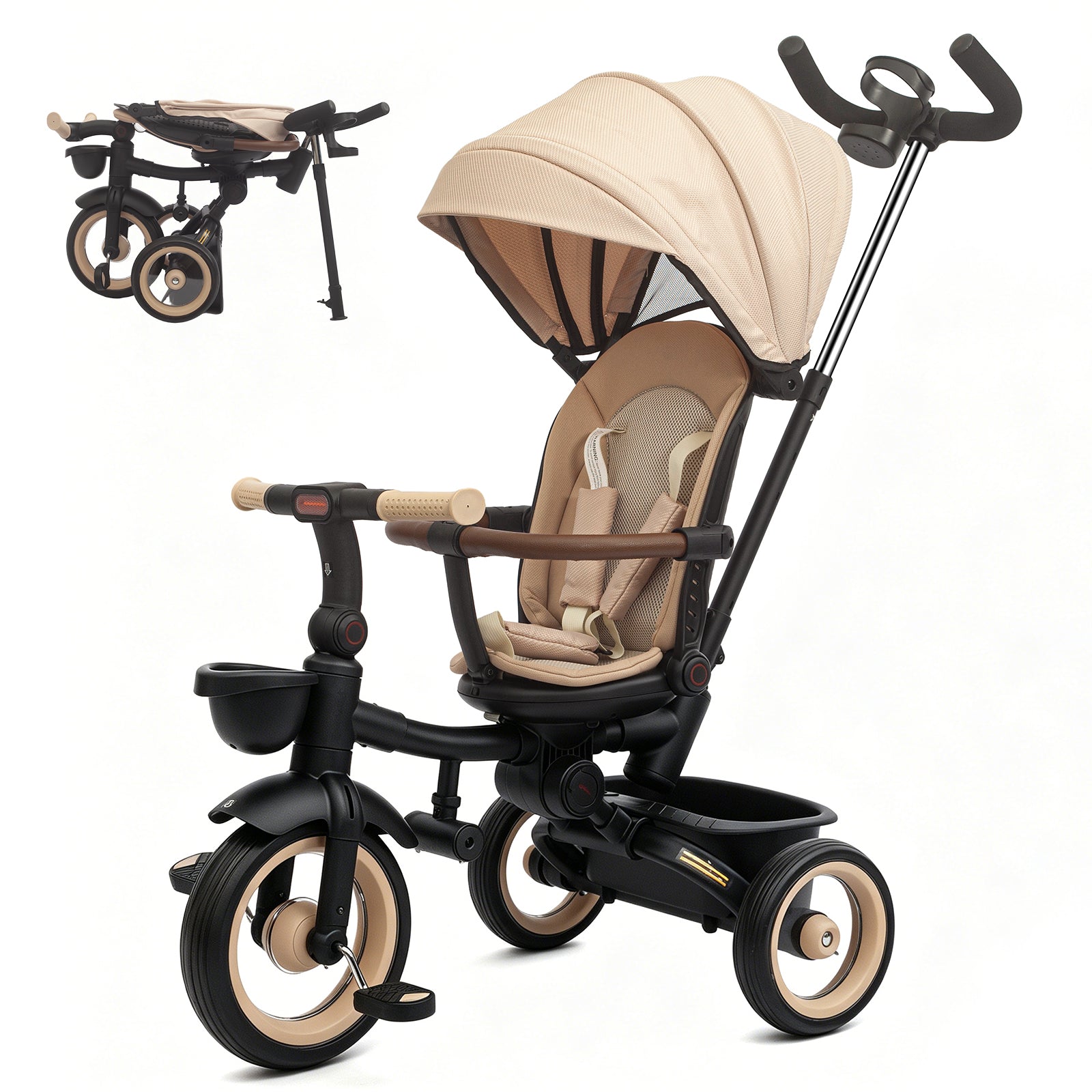 KORIMEFA 7-in-1 Toddler Tricycle, Foldable Trike with Push Handle, 360° Rotatable Seat, Safety Harness, Adjustable Canopy, Cup Holder & Storage Basket for 10 Months-5 Years