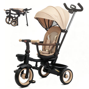 KORIMEFA 7-in-1 Toddler Tricycle, Foldable Trike with Push Handle, 360° Rotatable Seat, Safety Harness, Adjustable Canopy, Cup Holder & Storage Basket for 10 Months-5 Years