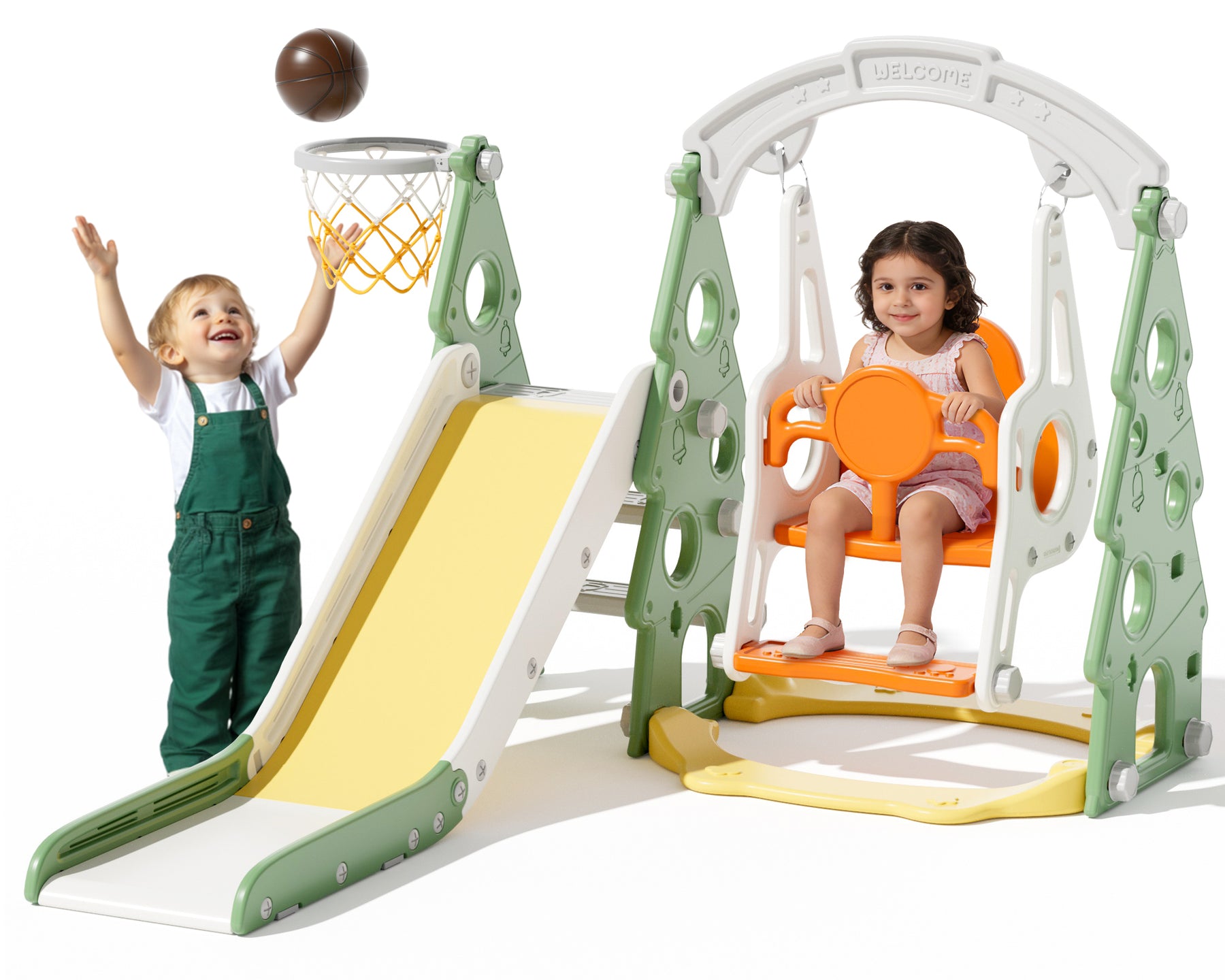 KORIMEFA 4-in-1 Kids Slide and Swing Set, Includes Slide, Swing, Basketball Hoop, and Climber