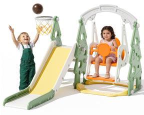 KORIMEFA 4-in-1 Kids Slide and Swing Set, Includes Slide, Swing, Basketball Hoop, and Climber