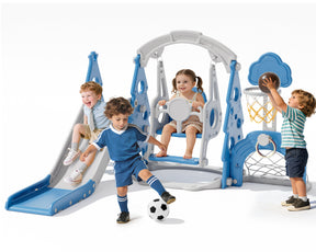 KORIMEFA 6-in-1 Kids Slide and Swing Set,  Includes Slide, Swing, Basketball Hoop, and Climber, Indoor and Outdoor Playground for Todder Age 1-5