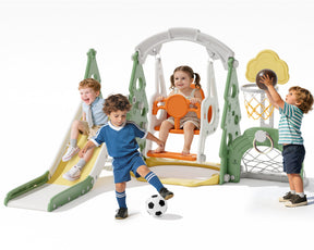KORIMEFA 6-in-1 Kids Slide and Swing Set,  Includes Slide, Swing, Basketball Hoop, and Climber, Indoor and Outdoor Playground for Todder Age 1-5