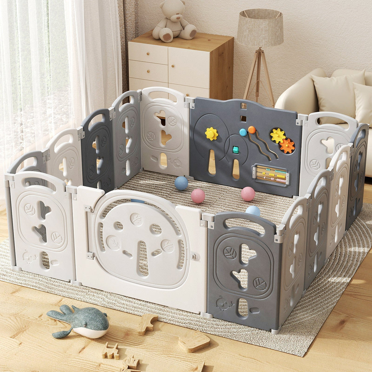 XJD Foldable Playpen for Babies, Grey Baby Safety Play Yard with Gaming Wall and Non-Slip Suction Cup
