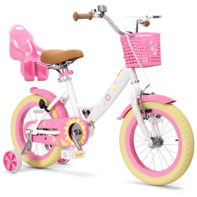 KORIMEFA Girls Bike for Toddlers 3-9 Years Old Kids, 12 14 16 Inch Kids Bike with Training Wheels, Basket and Doll Seat