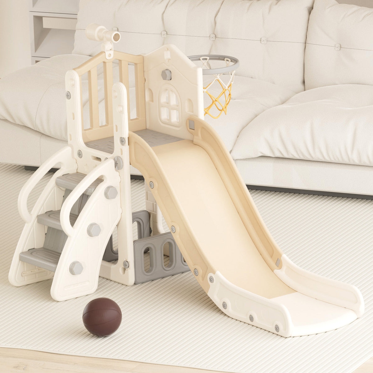 XJD 5 in 1 Toddler Slide Set  Climber Slide for Age 1-3, Outdoor Indoor Playset with Basketball Hoop, Telescope, and Storage Space, Beige/Coffee