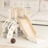 XJD 5 in 1 Toddler Slide Set  Climber Slide for Age 1-3, Outdoor Indoor Playset with Basketball Hoop, Telescope, and Storage Space, Beige/Coffee