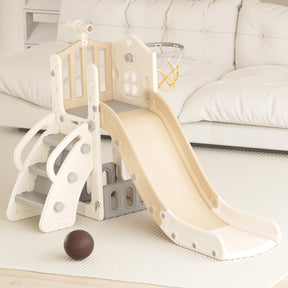 XJD 5 in 1 Toddler Slide Set  Climber Slide for Age 1-3, Outdoor Indoor Playset with Basketball Hoop, Telescope, and Storage Space, Beige/Coffee