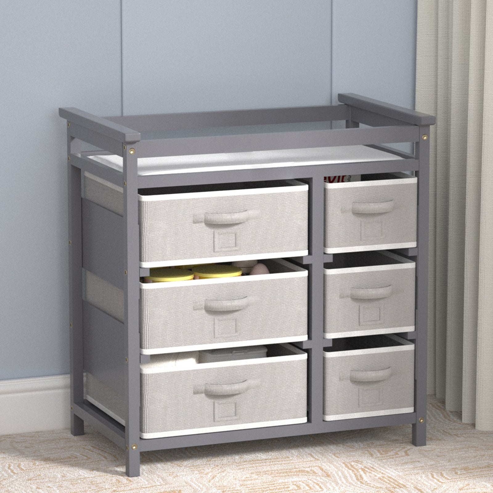 KORIMEFA Baby Changing Table with Laundry Hamper, 6 Storage Drawers and Pad, Changing Table Dresser, Baby Diaper Change Station,