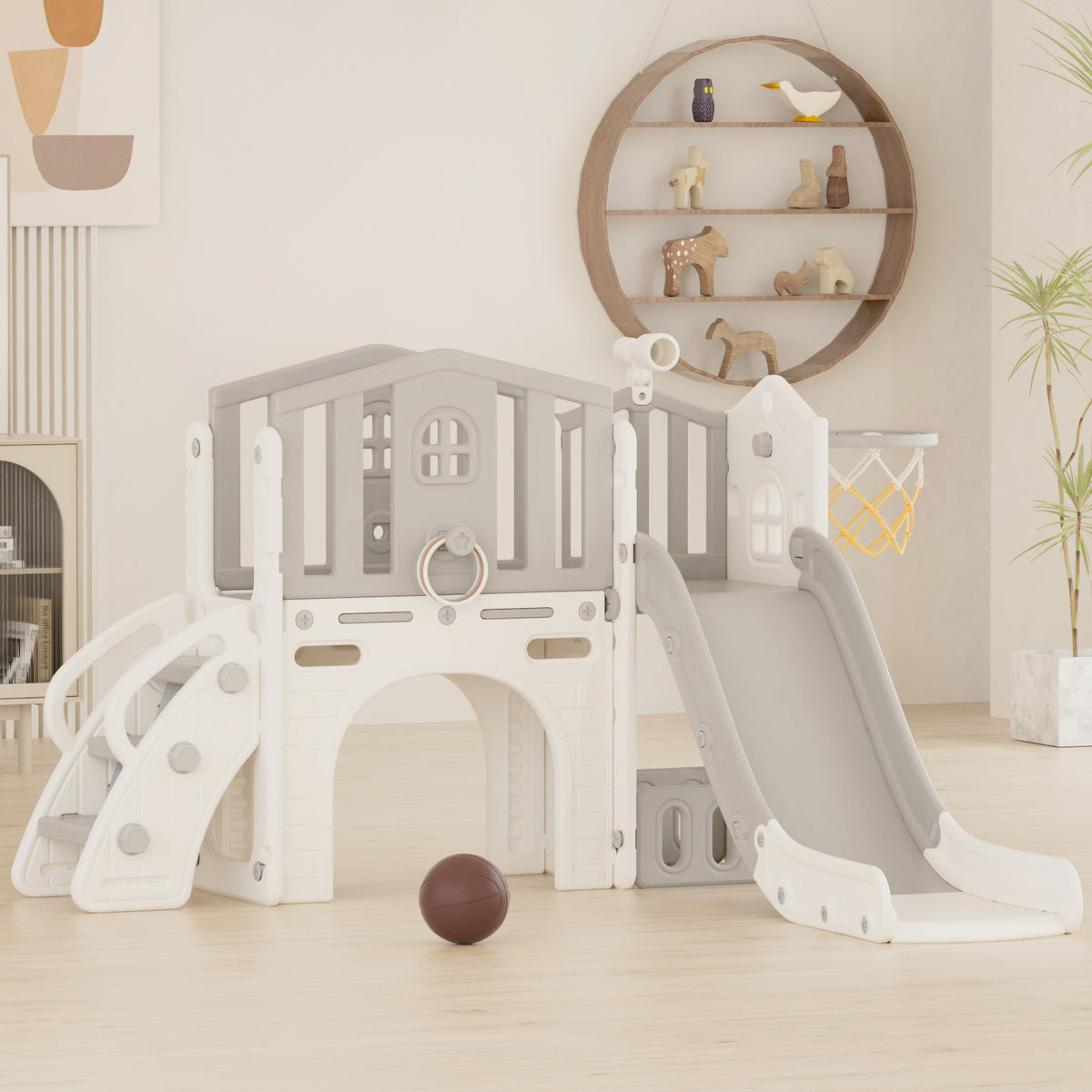 Pre-sale, XJD 8 in 1 Toddler Slide Set  Climber Slide for Age 1-3, Outdoor Indoor Playset with Basketball Hoop, Telescope, and Storage Space, Gray/Grey
