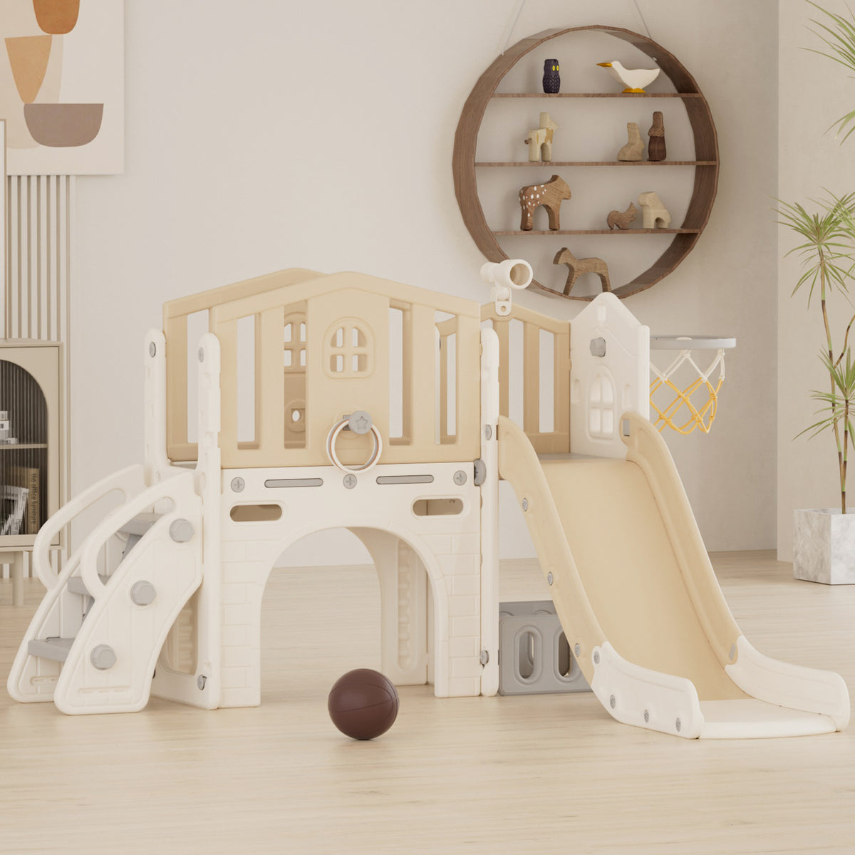 Pre-sale, XJD 8 in 1 Toddler Slide Set  Climber Slide for Age 1-3, Outdoor Indoor Playset with Basketball Hoop, Telescope, and Storage Space, Coffee/Beige