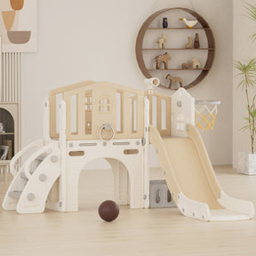 Pre-sale, XJD 8 in 1 Toddler Slide Set  Climber Slide for Age 1-3, Outdoor Indoor Playset with Basketball Hoop, Telescope, and Storage Space, Coffee/Beige