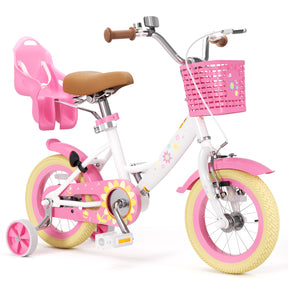 KORIMEFA Girls Bike for Toddlers 3-9 Years Old Kids, 12 14 16 Inch Kids Bike with Training Wheels, Basket and Doll Seat