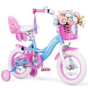 Korimefa 12 14 16 20 inch Girls Kids Bike Ages 3-6 Years Old Children, Toddler Bike with Training Wheels, Perfect for Beginner Riders Learning to Ride, Easy to Assemble, Blue