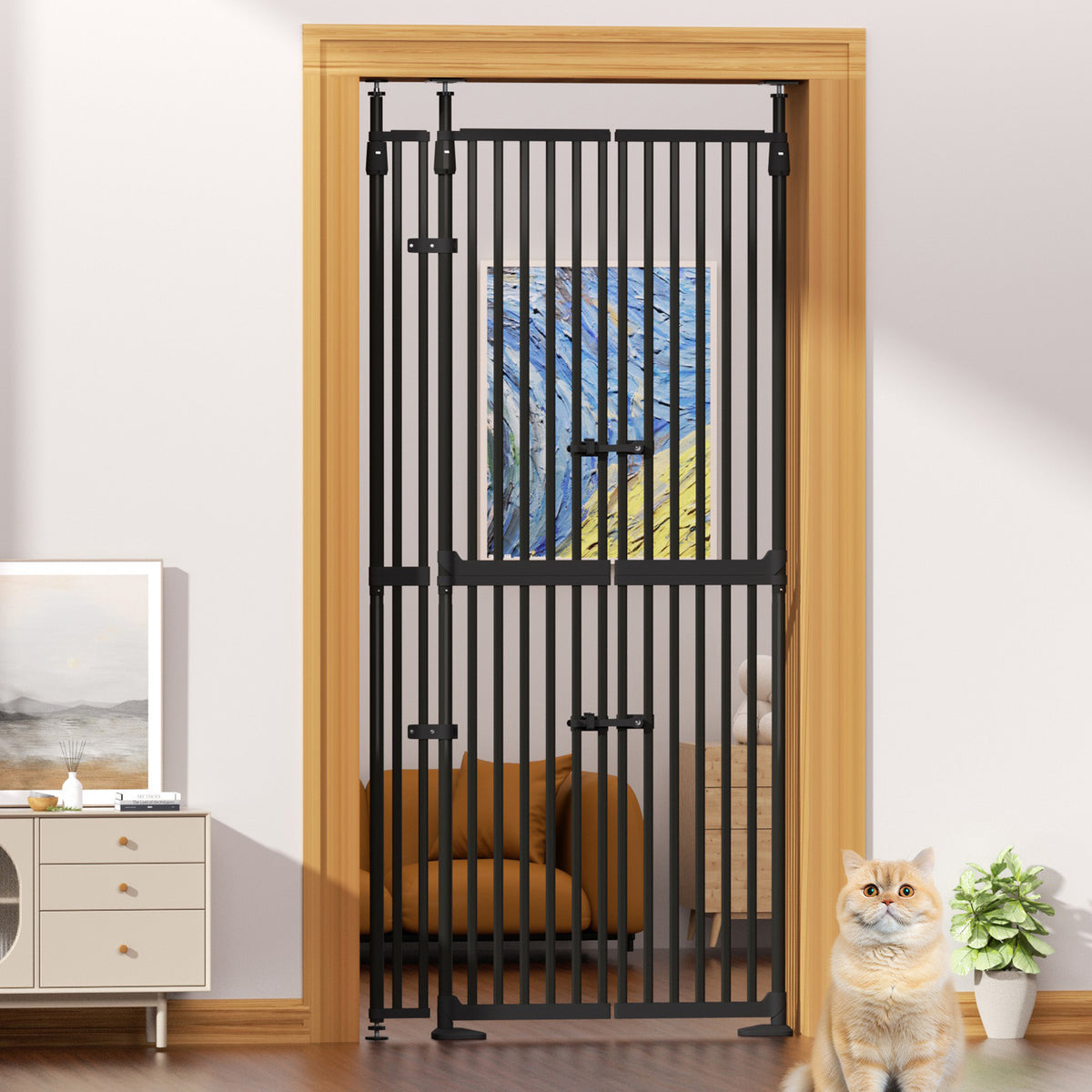 KORIMEFA 74.8"-96.5" Extra Tall Pet Gate for Doorway, Wide Tall Adjustable 30.3"-38.2" Cat Gate, 1.37″ Narrow Gap