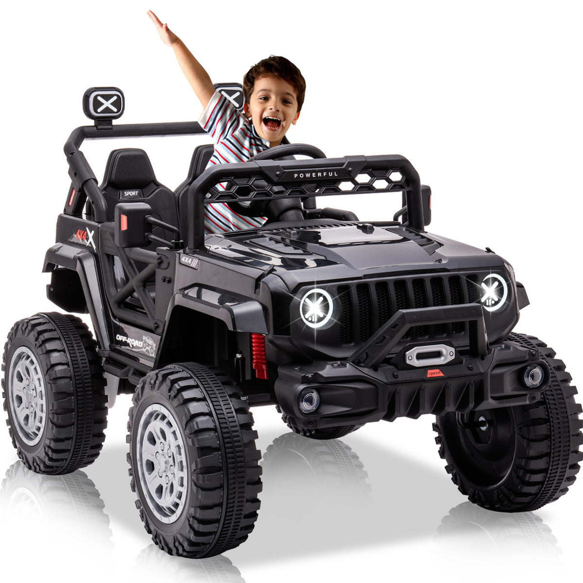XJD 12V 7Ah Kids Ride On Jeep Car w/Parent Remote Control, Spring Suspension, LED Lights, USB Port, Bluetooth-Black