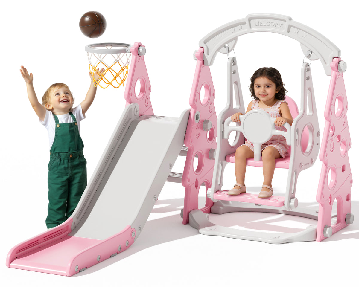 KORIMEFA 4-in-1 Kids Slide and Swing Set, Includes Slide, Swing, Basketball Hoop, and Climber