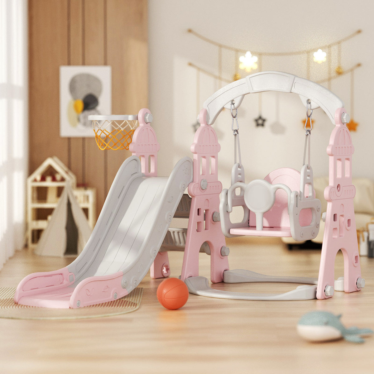 XJD 4-in-1 Toddler Slide and Swing Set, Pink
