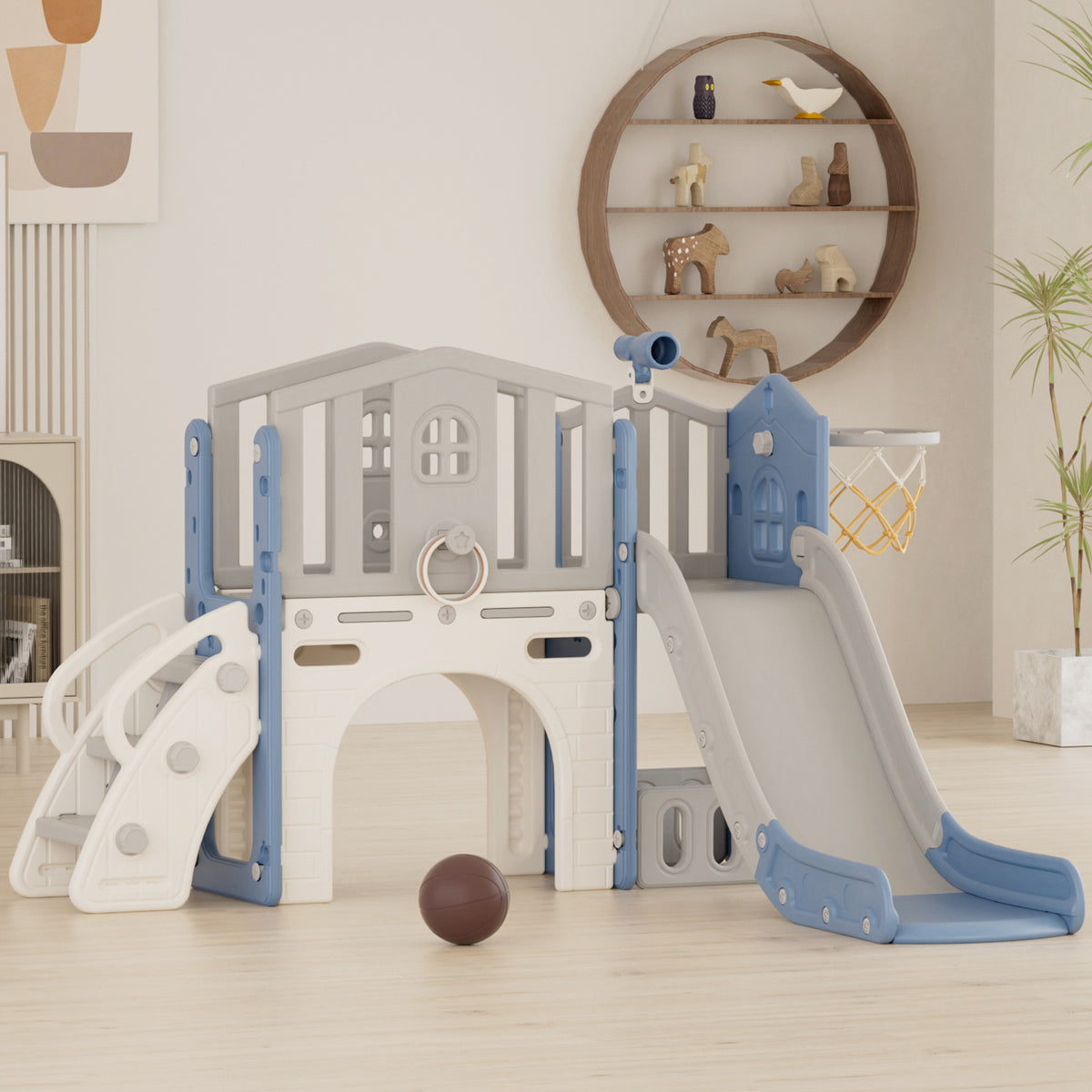 Pre-sale, XJD 8 in 1 Toddler Slide Set  Climber Slide for Age 1-3, Outdoor Indoor Playset with Basketball Hoop, Telescope, and Storage Space, Blue/Grey