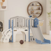 Pre-sale, XJD 8 in 1 Toddler Slide Set  Climber Slide for Age 1-3, Outdoor Indoor Playset with Basketball Hoop, Telescope, and Storage Space, Blue/Grey