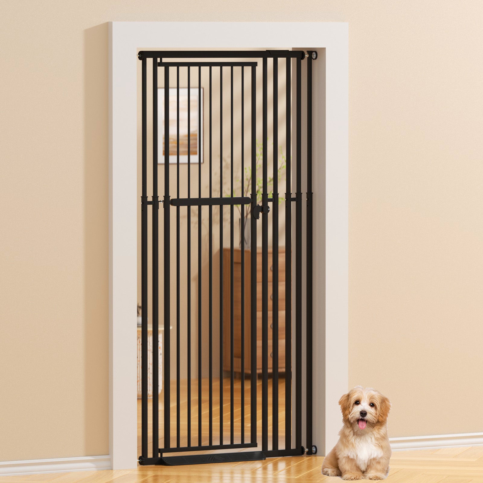 KORIMEFA 47.24"-87" Extra Tall Cat Gate with Wide Adjustable Pet door Pressure Mounted Safety Full Door Gate for Stairs, Hallway, Kitchen, Doorway