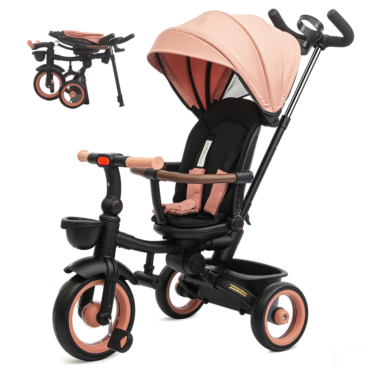 KORIMEFA 7-in-1 Toddler Tricycle, Foldable Trike with Push Handle, 360° Rotatable Seat, Safety Harness, Adjustable Canopy, Cup Holder & Storage Basket for 10 Months-5 Years