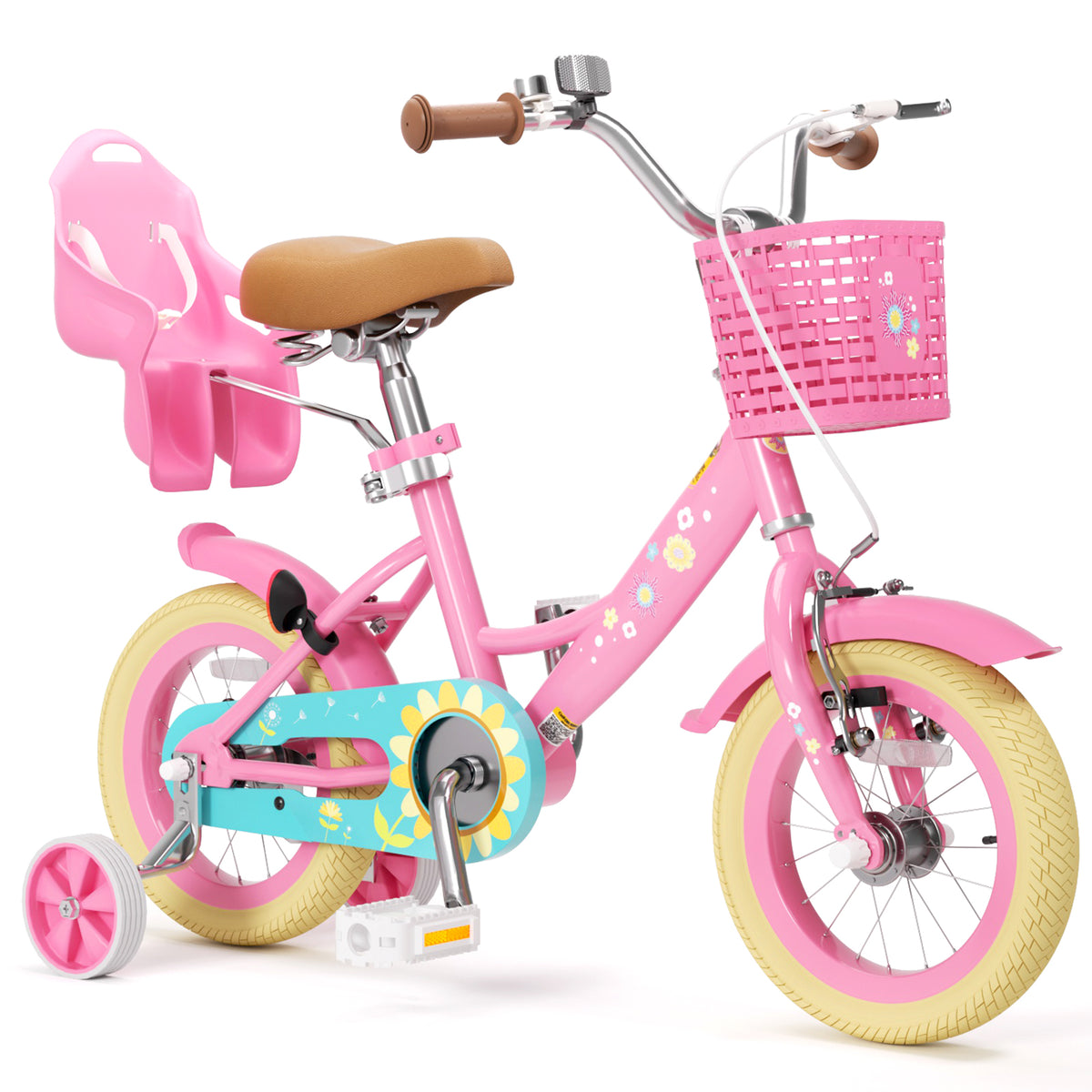 KORIMEFA Girls Bike for Toddlers 3-9 Years Old Kids, 12 14 16 Inch Kids Bike with Training Wheels, Basket and Doll Seat