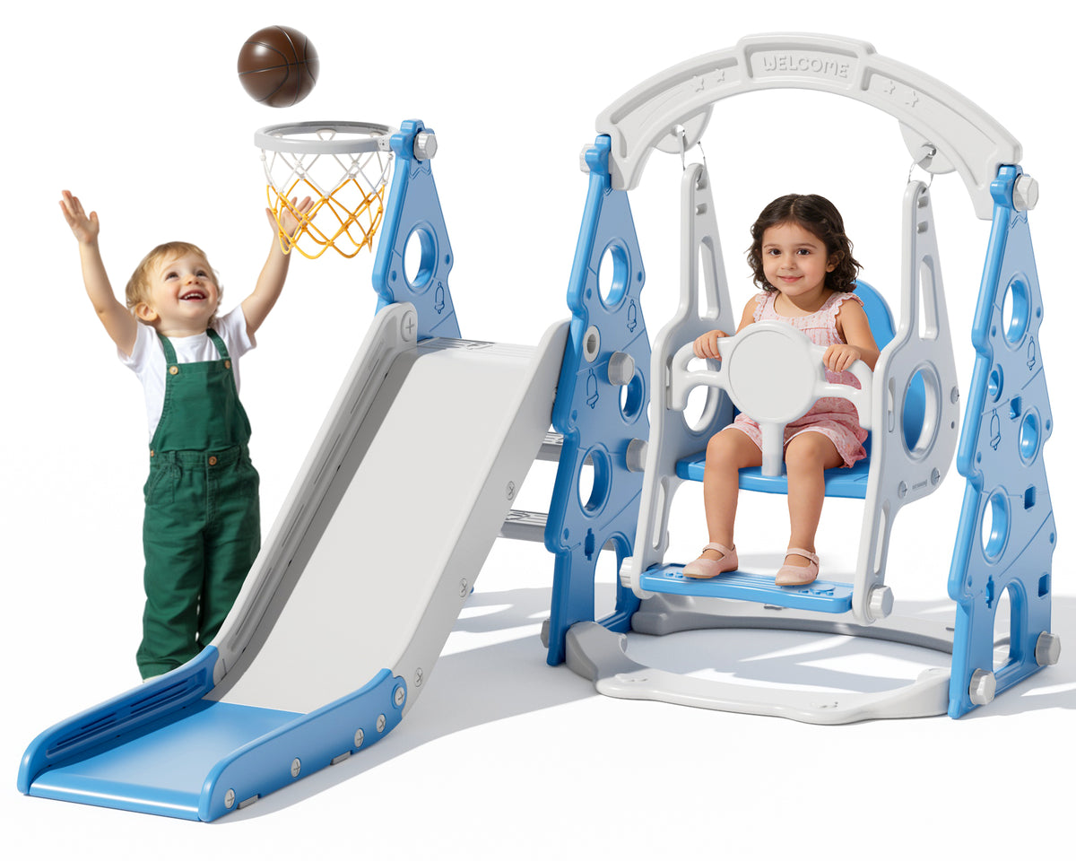 KORIMEFA 4-in-1 Kids Slide and Swing Set, Includes Slide, Swing, Basketball Hoop, and Climber