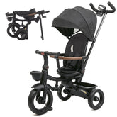 KORIMEFA 7-in-1 Toddler Tricycle, Foldable Trike with Push Handle, 360° Rotatable Seat, Safety Harness, Adjustable Canopy, Cup Holder & Storage Basket for 10 Months-5 Years