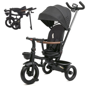 KORIMEFA 7-in-1 Toddler Tricycle, Foldable Trike with Push Handle, 360° Rotatable Seat, Safety Harness, Adjustable Canopy, Cup Holder & Storage Basket for 10 Months-5 Years