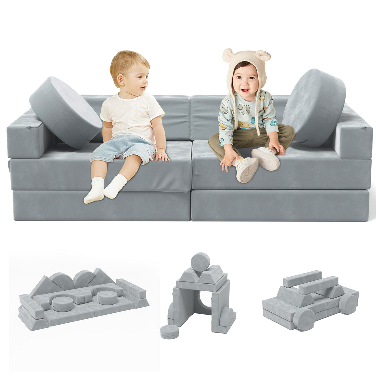 XJD 14-Piece Modular Children's Play Sofa, Children's Combination Sofa, Bedroom and Playroom Children's Furniture, Convertible Foam and Floor Cushions, Gray (Grey)