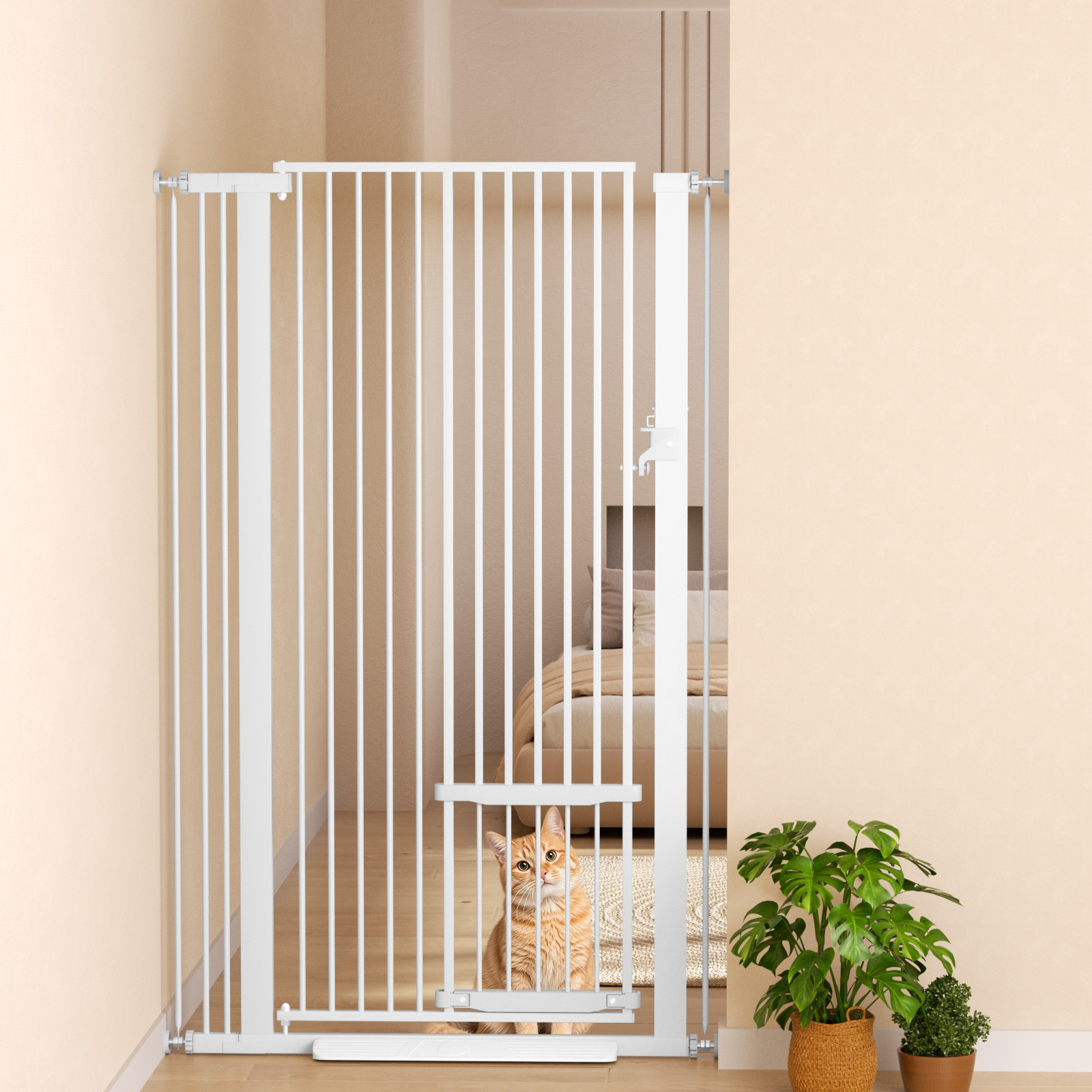Korimefa Extra Tall Pet Gate with Cat Door, 55.11" Tall 29.5"-37.4" Wide Pressure Mount Dog Gate, No Drill 1.37" Narrow Gap One-Hand Operate Safety Barrier for Stairs Hallway Kitchen