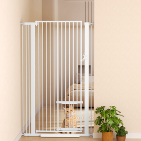 Korimefa Extra Tall Pet Gate with Cat Door, 55.11" Tall 29.5"-37.4" Wide Pressure Mount Dog Gate, No Drill 1.37" Narrow Gap One-Hand Operate Safety Barrier for Stairs Hallway Kitchen