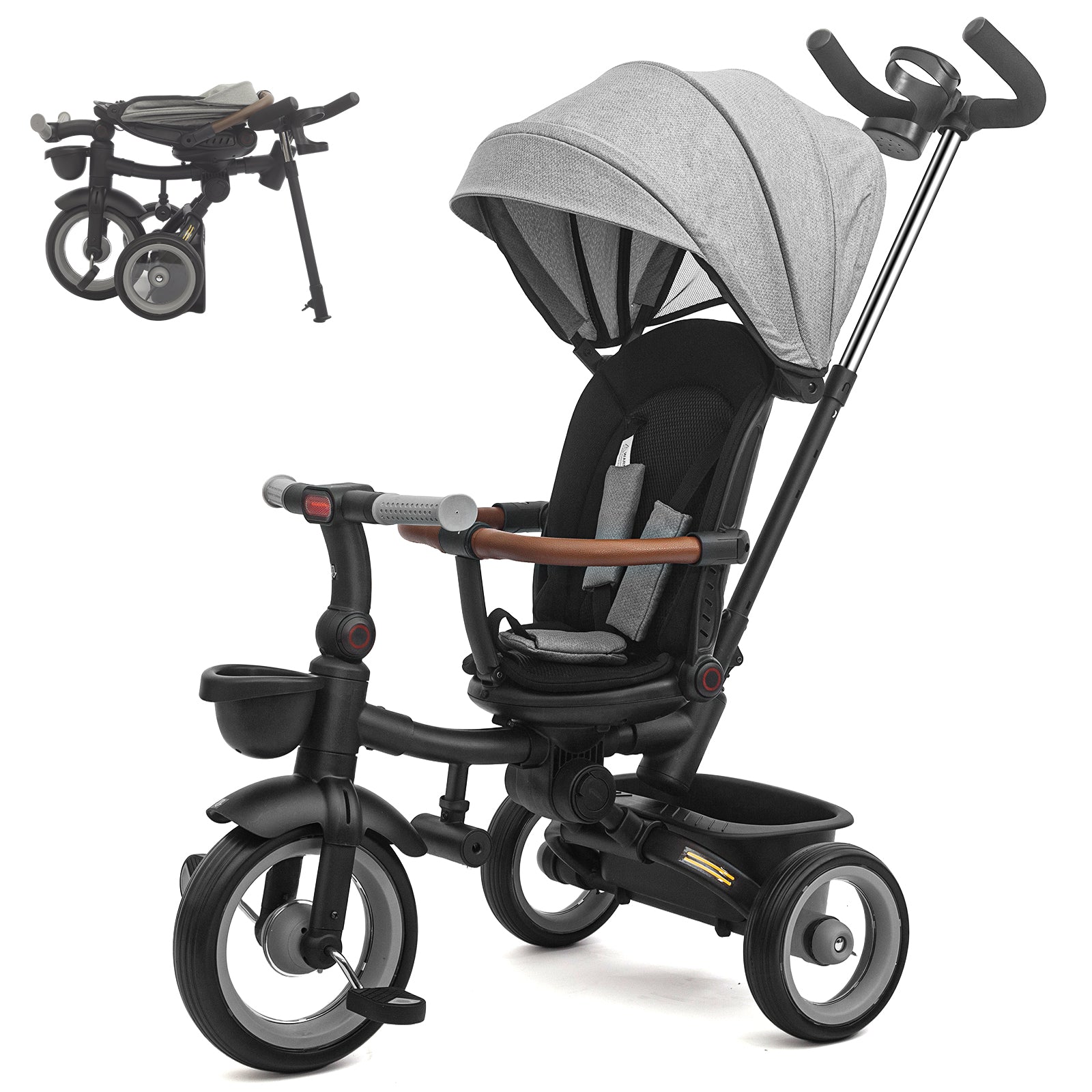 KORIMEFA 7-in-1 Toddler Tricycle, Foldable Trike with Push Handle, 360° Rotatable Seat, Safety Harness, Adjustable Canopy, Cup Holder & Storage Basket for 10 Months-5 Years