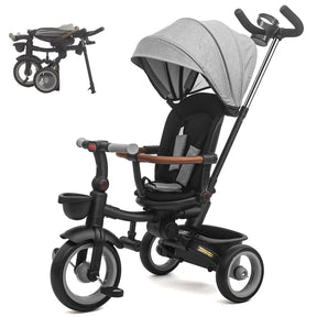 KORIMEFA 7-in-1 Toddler Tricycle, Foldable Trike with Push Handle, 360° Rotatable Seat, Safety Harness, Adjustable Canopy, Cup Holder & Storage Basket for 10 Months-5 Years