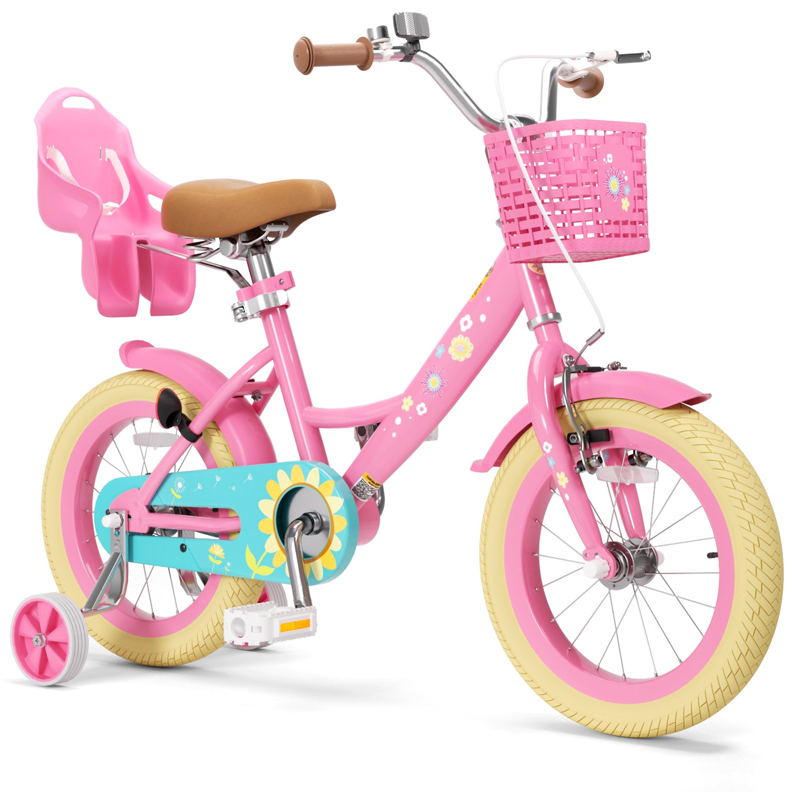 KORIMEFA Girls Bike for Toddlers 3-9 Years Old Kids, 12 14 16 Inch Kids Bike with Training Wheels, Basket and Doll Seat