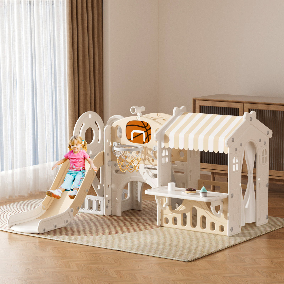 XJD 10 in 1 Toddler Slide with house Indoor and Outdoor Plastic Freestanding Slide, Coffee