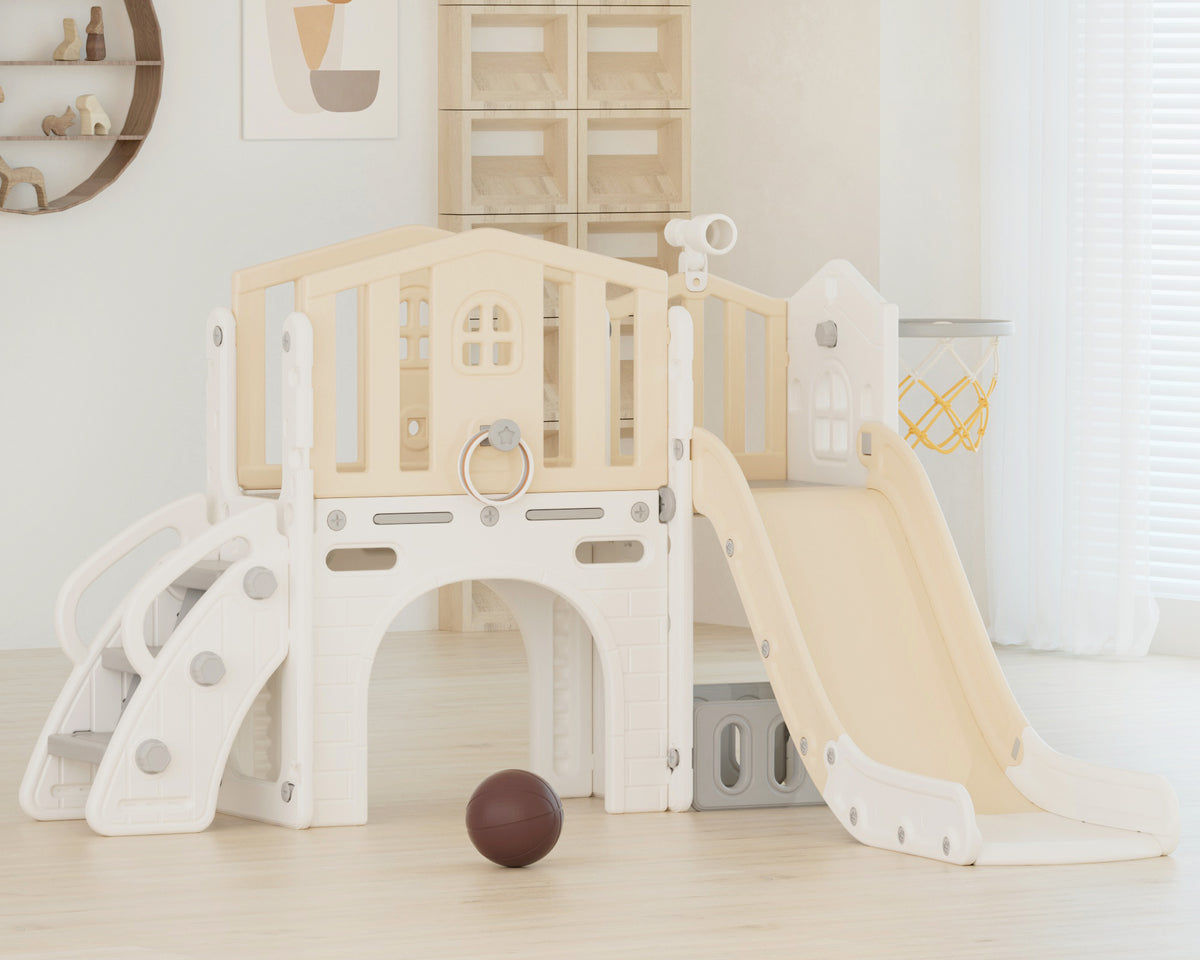 Pre-sale, XJD 8 in 1 Toddler Slide Set  Climber Slide for Age 1-3, Outdoor Indoor Playset with Basketball Hoop, Telescope, and Storage Space, Coffee/Beige