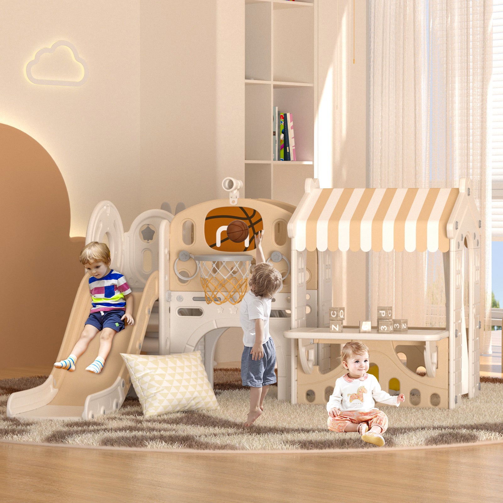 Pre-sale, XJD 10 in 1 Toddler Slide with house Indoor and Outdoor Plastic Freestanding Slide, Coffee