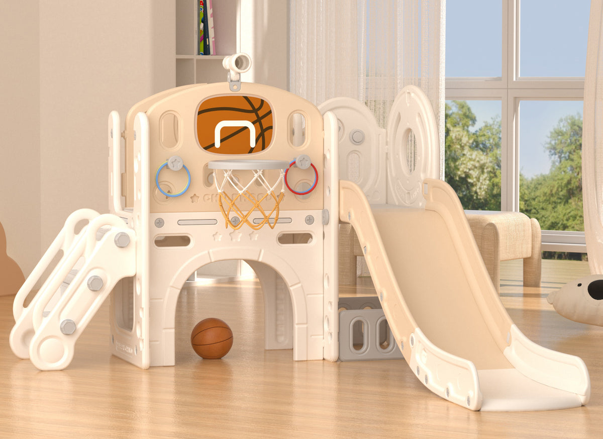 XJD 8-in-1 Kids Slide with Climber with Basketball Hoop, Tunnel, Telescope and Storage Space, Freestanding Indoor/Outdoor Toddler Play Set, Beige Coffee