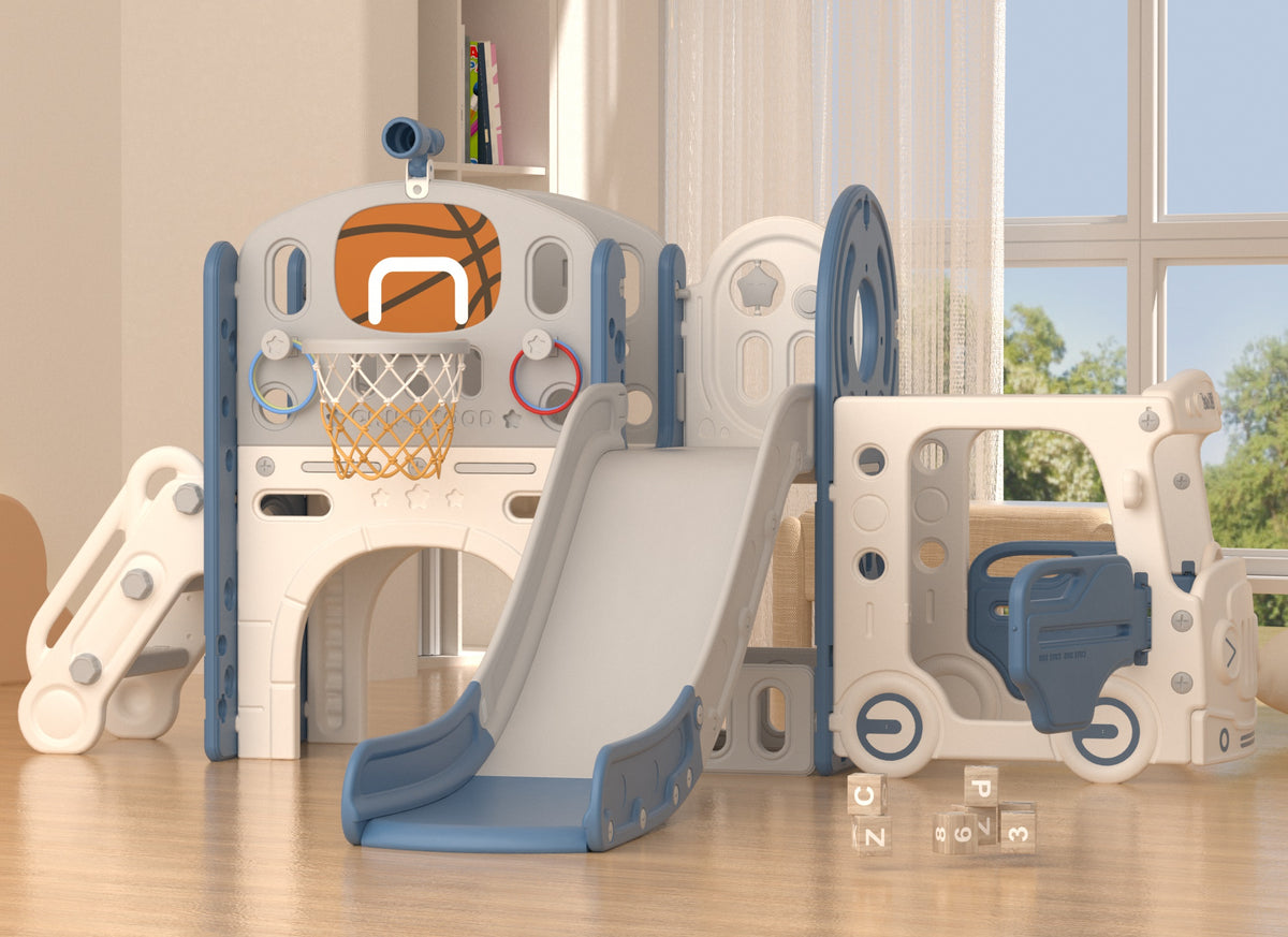 XJD 10-in-1 Toddler Slide Set Freestanding Climber Playset with Basketball Hoop and Ball Versatile Playset for Kids, Blue Grey