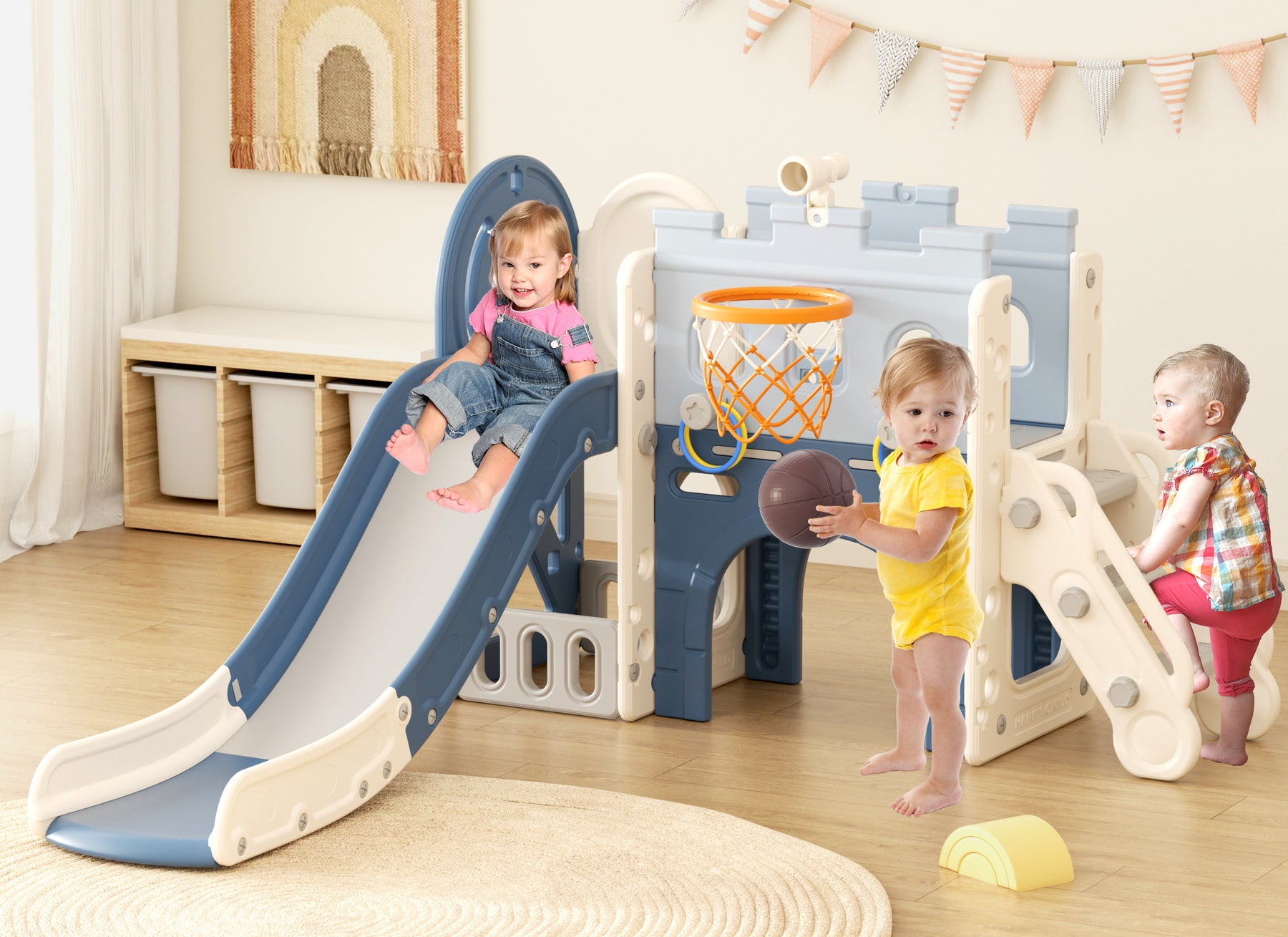 8 in 1 Toddler Slide, Pirate Ship Design Slide Kids Slide for Toddlers, Outdoor Indoor Slide with Basketball Hoop, Tunnel and Storage Space Toddlers Outdoor Indoor Playground (Blue)