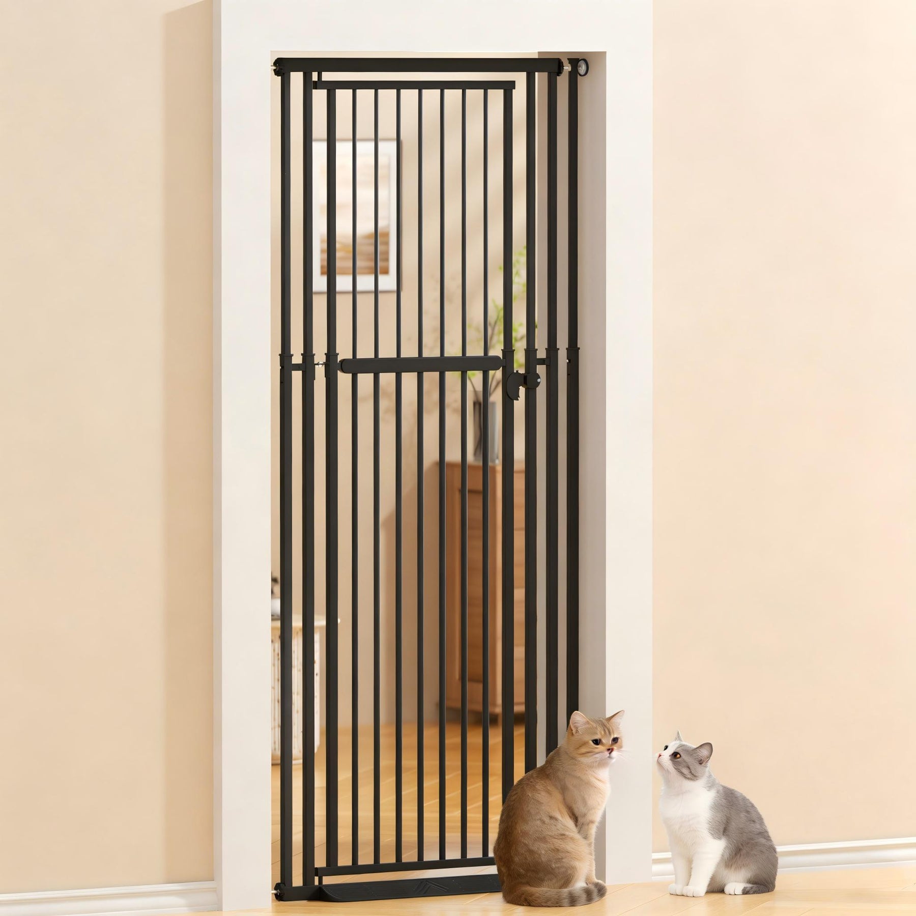 KORIMEFA 47.24"-87" Extra Tall Cat Gate with Wide Adjustable Pet door Pressure Mounted Safety Full Door Gate for Stairs, Hallway, Kitchen, Doorway