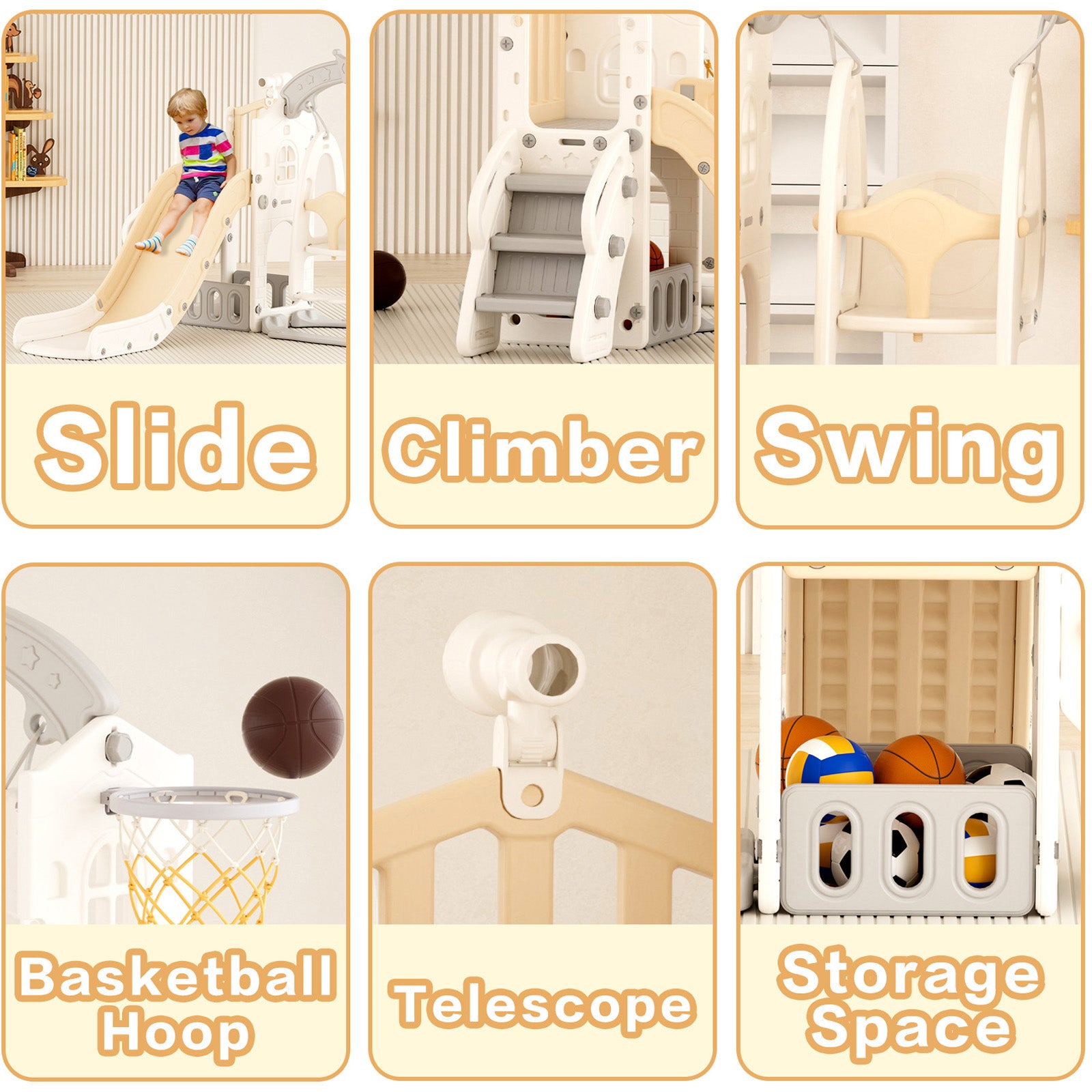 XJD 6 in 1 Toddler Slide Set Indoor Outdoor Plastic Freestanding Slide, Beige/Coffee